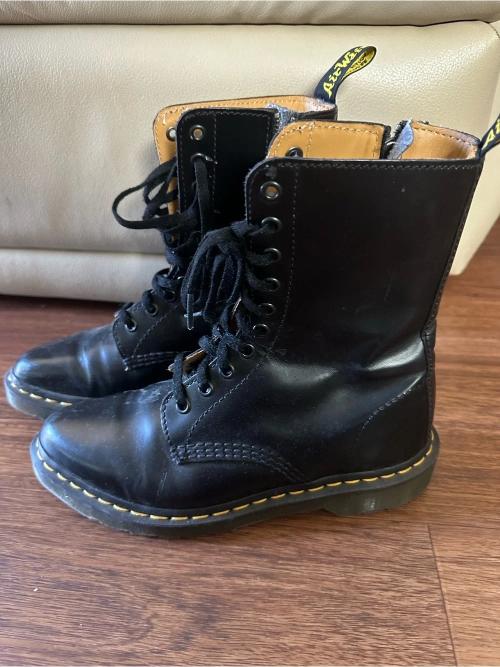 Dr. Martens Black  Lace-Up Boots with Yellow Stitching Sz 7